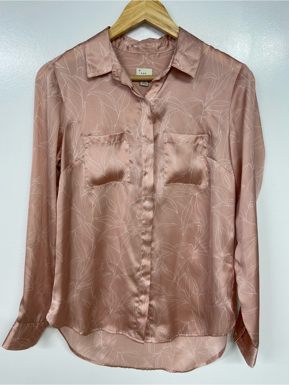 a new day Blush Pink Satin Button-Down Shirt with Leaf Print